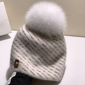 Femmes Angora cachemire doré Lurex paillettes mélange métal logo tricoté chapeau avec grande vraie <span class=keywords><strong>fourrure</strong></span> de renard boule <span class=keywords><strong>pompon</strong></span> - Product Image 6