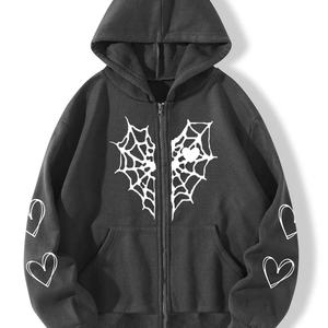 2025 Autumn/Winter Cross Border Autumn/Winter Plus Velvet Spider Web Love Printed Zipper Hooded <b>Cardigan</b> <b>Coat</b> - Product Image 3