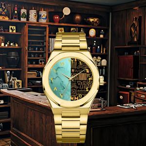 Montre de luxe personnalisée avec cadran arabe, ton or antique, vintage, à quartz, chiffres uniques, en acier inoxydable, bracelet en cuir japonais - Product Image 2