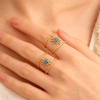 Bague ouverte réglable en acier inoxydable plaqué or 18 carats, motif soleil creux, double bande, pour femme, bijoux bohèmes