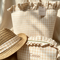 Bolsa de Mano de Tela de Algodón, Suave, Duradera, Abierta, de Gran Capacidad, para Primavera/Verano, con Diseño a Cuadros, Personalizada con Bordado Cursivo
