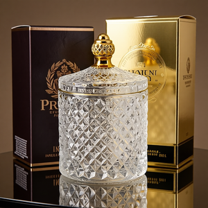 Castiçal de Vidro com Corte Diamantado e Relevo de Cristal, Borda Dourada de Bambu, Tampa Decorativa com Puxador Dourado, Decoração para Casa, Armazenamento, Presente - Product Image 2