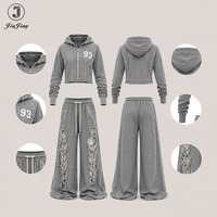 Ensemble de survêtement Y2K personnalisé, effet usé et déchiré, comprenant un sweat à capuche court zippé et un pantalon large déchiré - Fournisseur