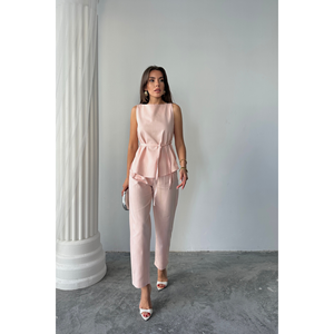 Conjunto de traje de lino modelo Massimo, blusa sin mangas y pantalones de color polvo para mujer, talla S, ropa formal elegante - Product Image 1