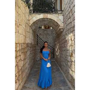 Vestido Azul de Talla Grande con Técnica de Crochet, Elegante, con Cuello Halter, Volantes, Viscosa, para Fiesta, Club, Día de San Valentín, Primavera - Product Image 2