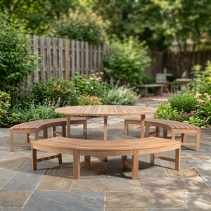 Meubles de jardin en teck minimalistes modernes, 3 bancs incurvés et table de pique-nique circulaire - Product Image 3