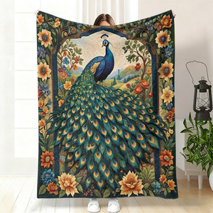 Couverture en flanelle à motif floral de paon, couverture de repos, couverture respirante et douce pour la peau, idéale pour les voyages, le camping, impression personnalisée OEM ODM - Product Image 1