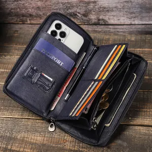 Taşınabilir All In One hakiki deri seyahat cüzdanı kart kalem telefon pasaport tutucu cüzdan erkekler için küçük lüks çanta