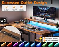 Bureau d'ordinateur de jeu en bois avec éclairage LED RGB en forme de L, grand bureau d'angle avec tiroirs de rangement et prises électriques