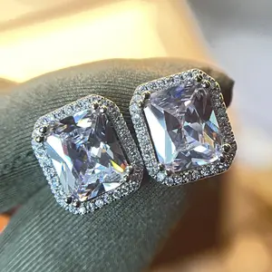 Full Diamond 925 Silver Square Gemston Ear Stud Pink And Yellow Zircon Earring Women Premium Jewellery