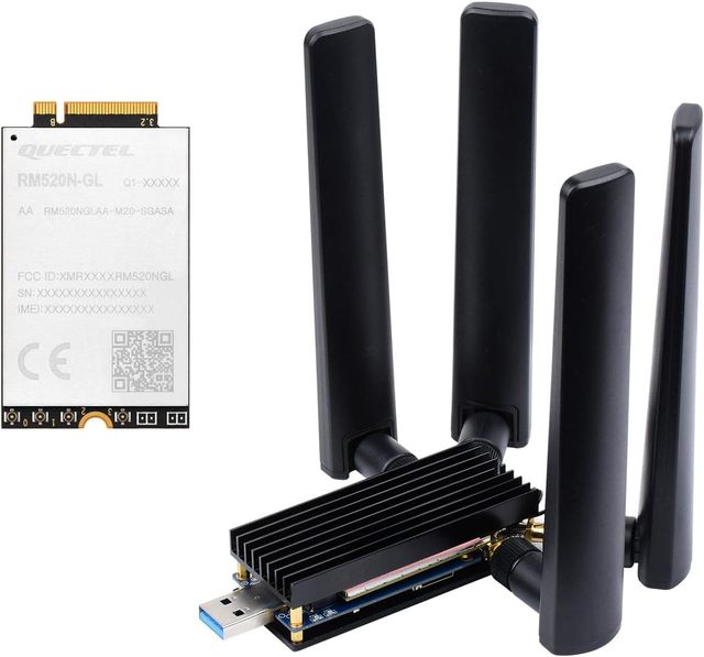 Chipsrsun RM520N-GL 5G DONGLE Module, Quad Antennas, USB3.1 Port, Aluminum Alloy Heatsink, M.2 Key B Interface