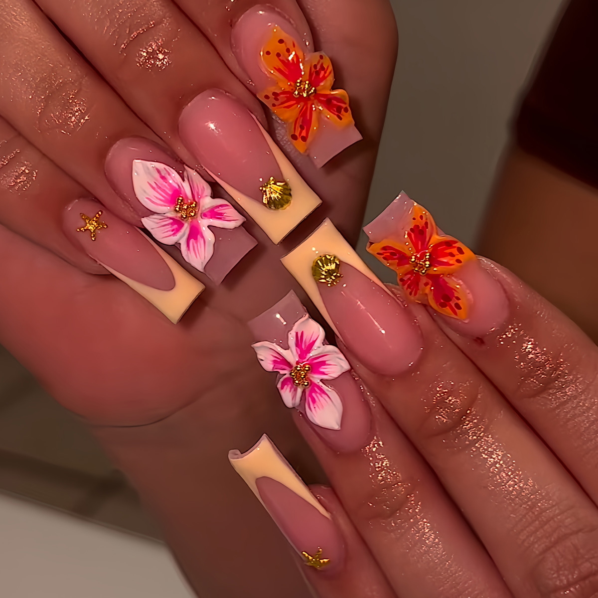 Floral Gradient Nails with French Orange Hue