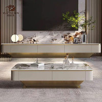Meuble TV moderne de luxe en marbre avec ensemble table basse, meuble de rangement TV blanc minimaliste pour salon