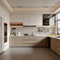 Îlot de cuisine moderne de luxe personnalisé en panneaux de mélamine et placage de bois massif, ensemble complet d'armoires de rangement pour villa