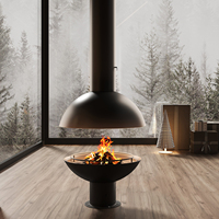 Cheminée autonome à bois en forme de dôme avec capot suspendu, vue à 360°, poêle à feu réel d'intérieur avec protection en verre