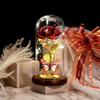 Rose en or 24 carats de haute qualité, fleur romantique en plastique dans un dôme en verre avec lumière LED, boîte cadeau pour la Saint-Valentin, la fête des mères