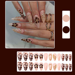 Faux-<span class=keywords><strong>ongles</strong></span> en forme de léopard, 24 pièces, couverture complète, faux <span class=keywords><strong>ongles</strong></span> en forme d'amande, avec dorure 3D, fleur brune, design brillant, automne - Product Image 2