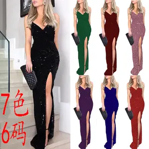 Offre Spéciale robe de soirée longue et mince fente latérale en polyester et taille différente au choix avec paillettes noires