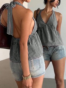 เสื้อครอปท็อปผู้หญิงสีแดงลายตารางแบบผูกคอ พิมพ์ลายตามสั่ง ไซส์<span class=keywords><strong>พลัส</strong></span> เปิดหลังผูกโบว์ ทรงเปปลัม สำหรับฤดูร้อน - Product Image 6