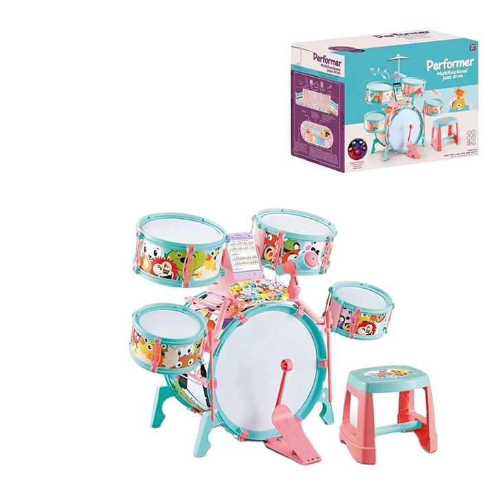 TOBBOMEY Kit De Batterie Jouet Simulée Pour Tout-Petits – 7 Pièces, Baguettes Bois, Effets Sonores Variés – Développe Le Rythme Et La Coordination – Cadeau Musical Dès 2 Ans