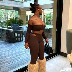 Conjunto de Dos Piezas, Top Corto y Pantalones Largos Ajustados, Top Corto de Manga Larga y Pantalones Largos, Conjunto de Dos Piezas, Body Sexy para Mujer - Product Image 4