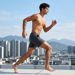 กางเกงกีฬาขาสั้นผู้ชายแบบมัลติสปอร์ต แห้งเร็ว ผลิตจากโพลีเอสเตอร์ผสม ดีไซน์ผ่าข้างเพื่อการเคลื่อนไหวที่ดีขึ้น เอวยางยืด กระเป๋าปิดสนิท ใช้งานได้หลากหลาย - Product Image 3