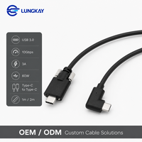 Câble USB 3.0 Type-C à Angle Droit vers Type-C Mâle LUNG KAY en Plastique avec Double Verrouillage par Vis, Transfert de Données 10 Gbit/s, Alimentation 3A 60W