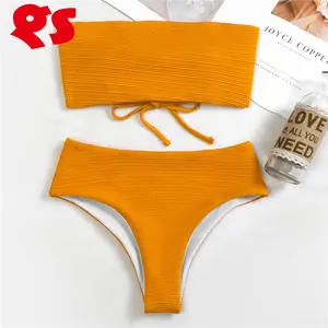 2021 Nieuwe Dames Geribbelde Effen Kleur Bandeau Bikini Duurzame En Ademende Buis Top Trekband Split Badpak Voor Volwassenen