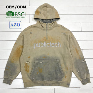 OEM Clothing Manufacturer Custom Vintage Spray <b>Pullover</b> Cotton Boxy Fit Rhinestone French Terry Distressed <b>Men</b> 1/4 Zipper Hoodie - Product Image 1