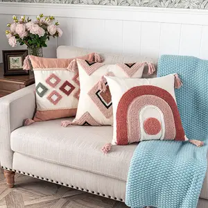 Pink Boheme Tufted Handmade Decorative Loop Pile Cotton Pillow Case Moroccan Rainbow Farmhouse Cushion Cover