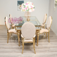 Meubles de chambre d'hôtel de luxe sur mesure en gros, chaises et tables de réception de mariage en acier inoxydable doré avec dossier en velours