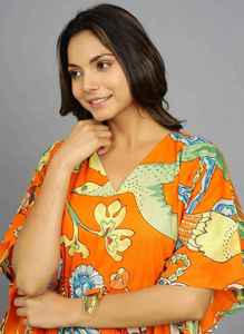 Orange Floral Print Hand Block Printed Boho <b>Kaftan</b> Maxi Dress V-Neck Sleeveless Loose Fit <b>Summer</b> Casual Breathable Woven Cotton - Product Image 5