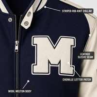 Blousons Homme Personnalisés Bleu Marine de Haute Qualité avec Manches en Cuir Crème, Patch Lettres Chenille et Rayures Côtelées pour Style Universitaire et Streetwear