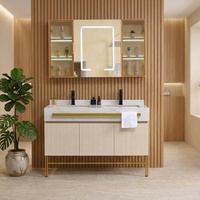 Meuble-lavabo de salle de bain de style ferme moderne pour hôpital, avec miroir LED, double vasque, meuble-lavabo suspendu en marbre, écologique