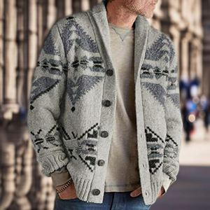 Cárdigan de punto de Jacquard americano europeo 100% de poliéster con patrón geométrico para hombre, prendas de vestir exteriores de manga larga, suéter con botones para - Product Image 3