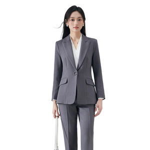 Women's Professional Suit Set Gray Polyester Elegant Slim Fit For Office Workwear Spring Autumn Commute Interview Wear - Product Image 5
