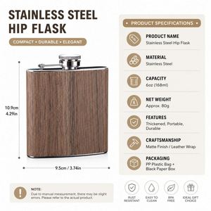 Custom Logo 6Oz Stainless Steel Hip Wood Grain <b>Wrap</b> Whiskey Bottle Portable Metal Pocket Liquor Flask for Business Gift - Product Image 3