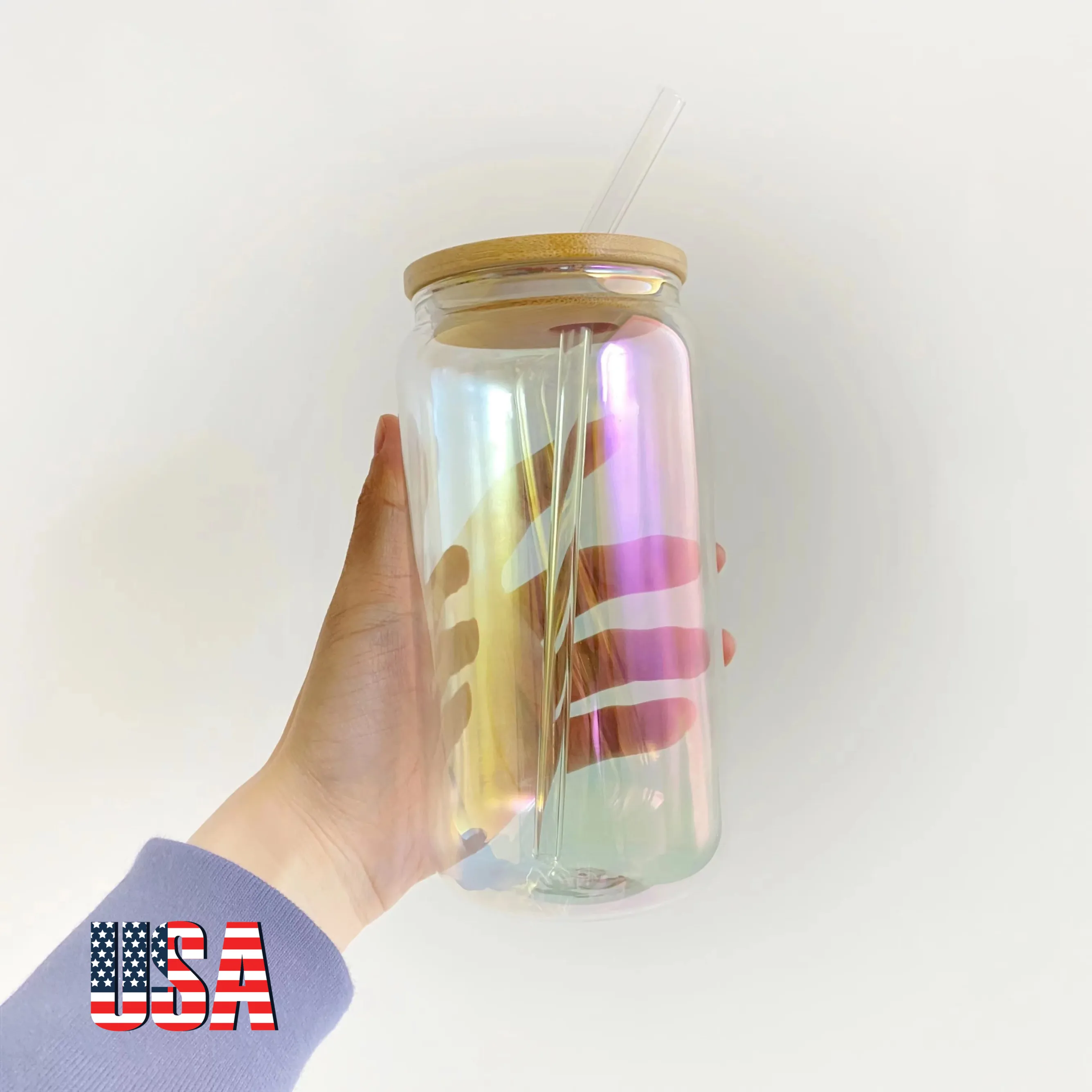 new arrival 12oz 16oz rainbow clear beer can shaped blank glitter sublimation iridescent glass can with bamboo lid and straw