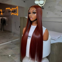 Perruque de Cheveux Humains Vierges avec Dentelle Transparente 4x4, Longue et Lisse, Couleur Bourgogne, Densité 200, Onde Naturelle