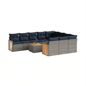 Conjunto de Sofás de Jardín de Poliratán Gris con Cojines, Más de 10 Plazas, Muebles de Exterior de Diseño Contemporáneo con Paneles de Madera de Teca - Product Image 1