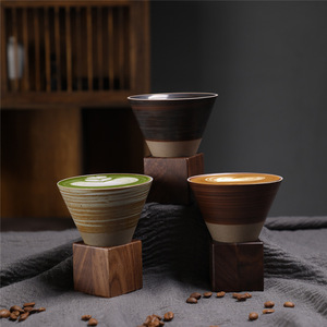 MSH Creative Mug à café <span class=keywords><strong>en</strong></span> poterie rustique vintage avec base <span class=keywords><strong>en</strong></span> <span class=keywords><strong>bois</strong></span>, tasse à <span class=keywords><strong>latte</strong></span> art <span class=keywords><strong>en</strong></span> forme d'entonnoir, mug à eau pour la maison - Product Image 3