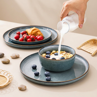 Service de vaisselle en céramique EKA, finition bleue réactive minimaliste, prix d'usine OEM/ODM, vaisselle en grès écologique, compatible four