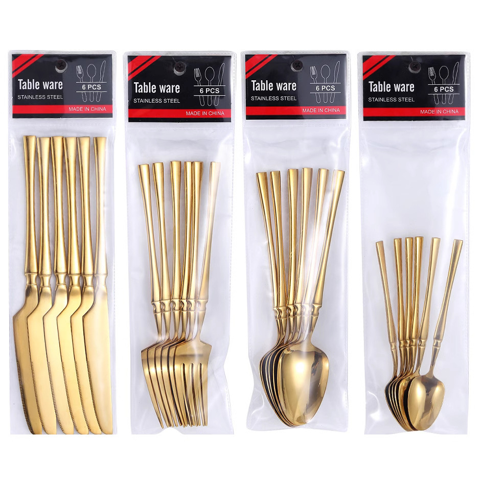 6PCS Wholesale Small Waist Gold Silver Stainless Steel Knife Fork Spoon Set Supermarket PVC Bag Luxury Modern Wedding Tableware · image 2
