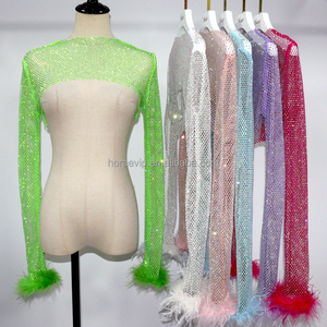 Camicia estiva da donna con diamanti glitterati a maniche lunghe da festa in spiaggia coprente con <span class=keywords><strong>piume</strong></span> in maglia <span class=keywords><strong>di</strong></span> strass tinta unita - Product Image 1