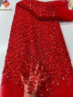 Tissu en dentelle brodée de sequins et de perles fait main de luxe, tissu en tulle français 3D avec des perles pour robe de mariée, robe de soirée