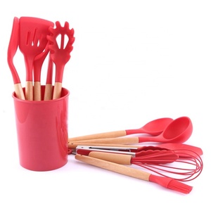 12pcs <b>Kitchen</b> Utensil Set <b>Red</b> Silicone Wooden Spoons Ladle Spatula Eco-Friendly Home Cooking <b>Accessories</b> with Holder - Product Image 3