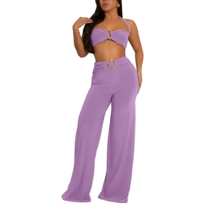 Factory Direct Decorative Button Solid <b>Colour</b> Sexy Halter Backless Ladies Pants Two Piece <b>Set</b> Fashion - Product Image 5