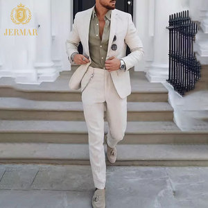 <span class=keywords><strong>Costume</strong></span> homme <span class=keywords><strong>beige</strong></span> en polyester imitation lin, coupe ajustée, simple boutonnage, idéal pour les mariages sur la plage méditerranéenne – Collection été personnalisée - Product Image 1