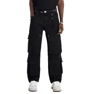 Custom Mens work pants embroidery pencil fit Cotton Trousers 10 Pocket straight leg Black Double Knee Cargo Pants mens