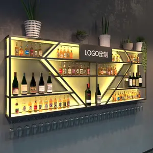 Kunden spezifische Bar Möbel Wein Lager regale LED Licht Wand dekor Display Racks Metall Wein regale